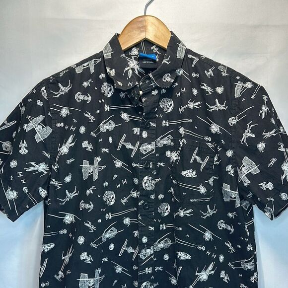 STAR WARS Logo DISNEY SITH TIE BOMBER Death Star Hawaiian Button Shirt BLACK S - Picture 2 of 7